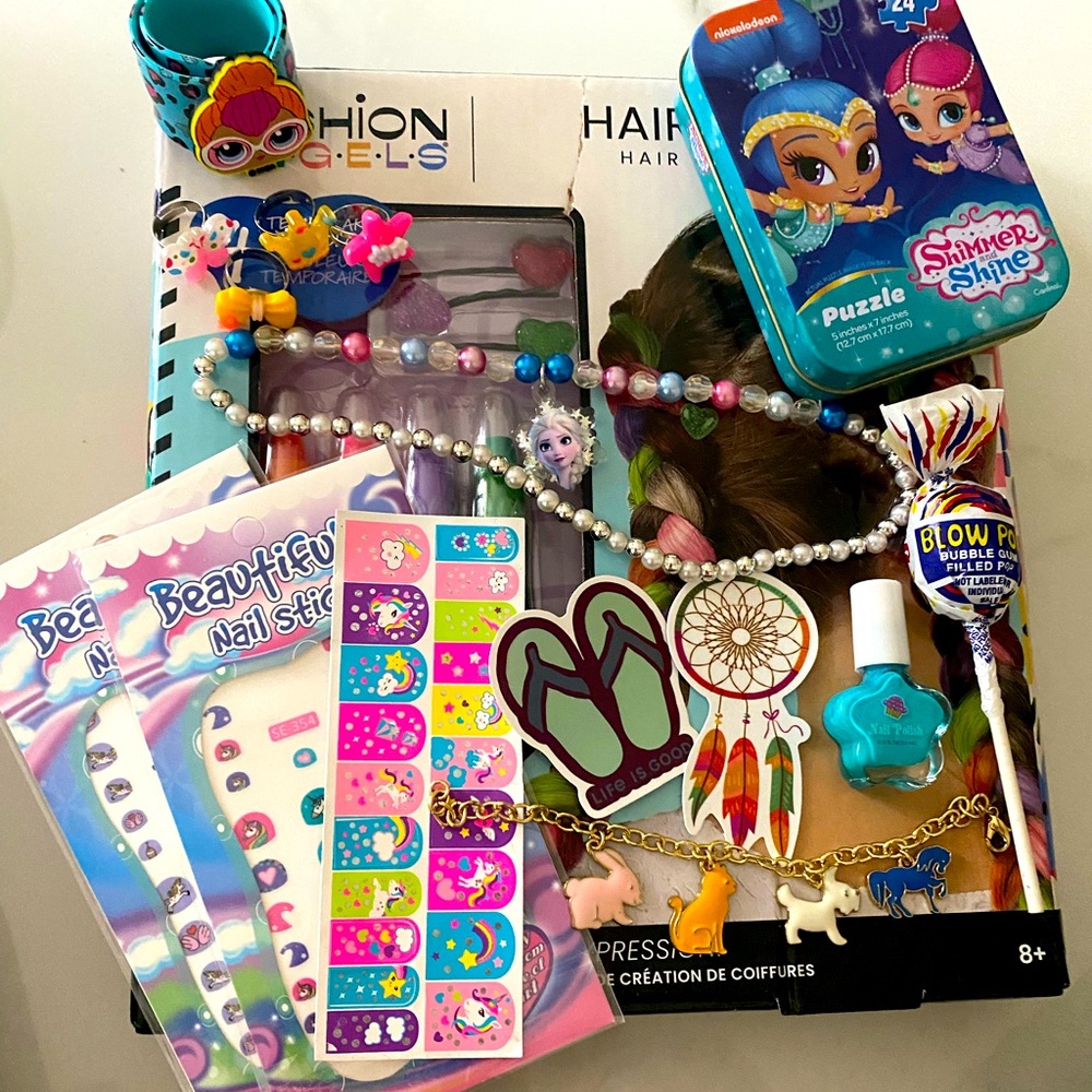 16pc Kids gift Bundle- jewelry, nail polish, hair chalk, nail stickers, puzzle